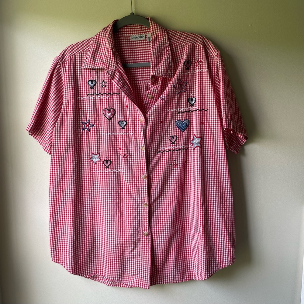 Cabin Creek Women’s Embroidered Short Sleeve Flannel Size 16 in Red Ghingam